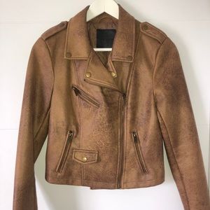 Tan faux leather cropped biker jacket